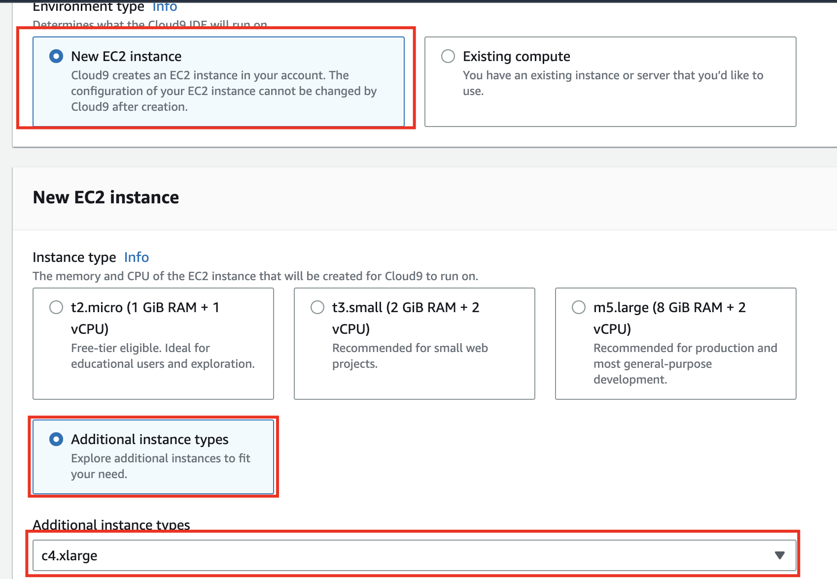 Cloud9 Instance Selection